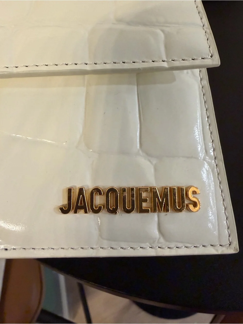 Jacquemus White Croc-Embossed Bambino Long Shoulder Bag with Gold Logo